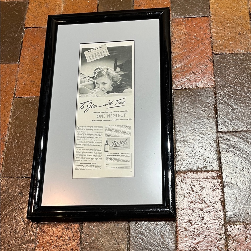 Framed copy of Advertising memorabilia for Lysol. 11” wide X 19” high 2328